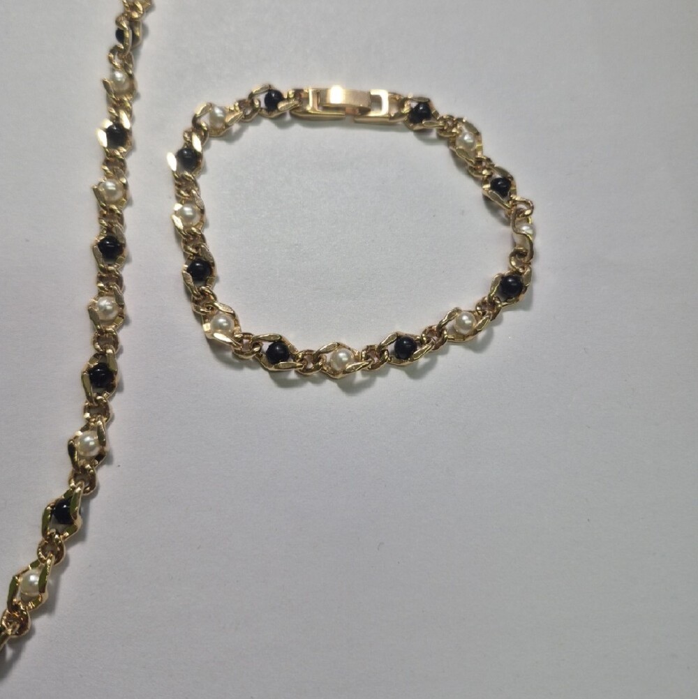 38" In. Gold Chain Necklace and Bracelet Set with Black And White Accent Beads - Picture 2 of 4